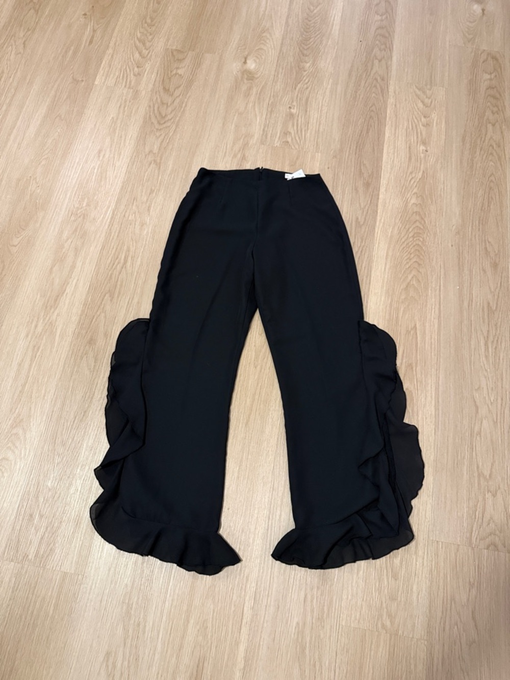 Wide Leg Ruffle Hem Pants - Black